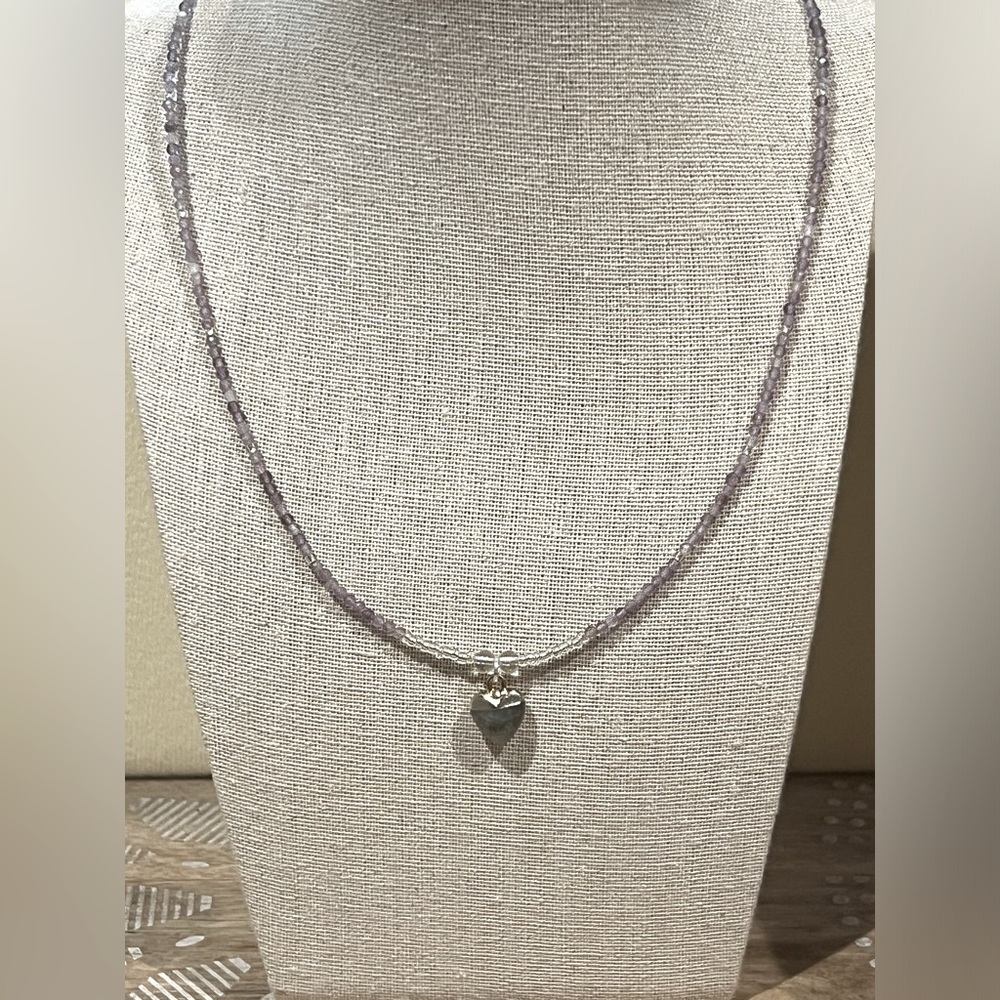 New Cute Dainty Faceted Amethyst & Labradorite Heart Charm Necklace